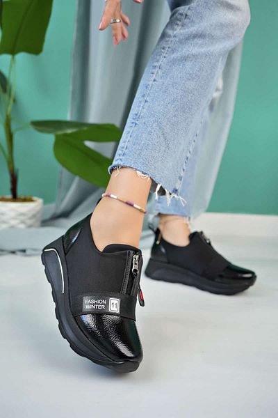 DİLEK SHOES Black Stretch Patent Leather - Full Orthopedic Soft Insole and Closed Casual Sneakers 002