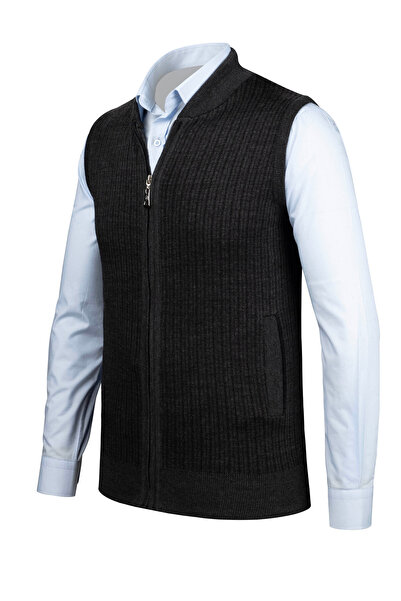 Çizgi Triko Stripe Knitwear Men's Knitwear Vest with Zipper Pocket Steel Knitwear Classic Fit - 5004J