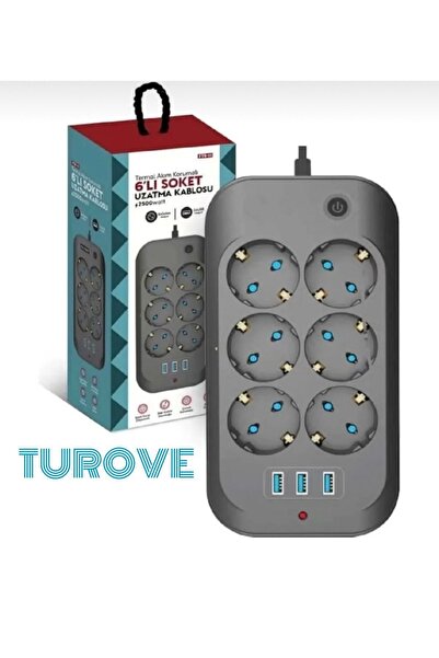TUROVE Termal Akım Korumalı 6 Soket 3usb Şarj 2 Metre Kablo 6lı Priz Elektron...