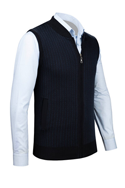 Çizgi Triko Stripe Knitwear Men's Knitwear Vest with Zipper Pocket Steel Knitwear Classic Fit - 5004J