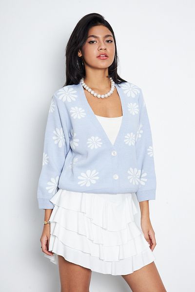 ALESGEROV Cardigan de damă cu model floral albastru baby