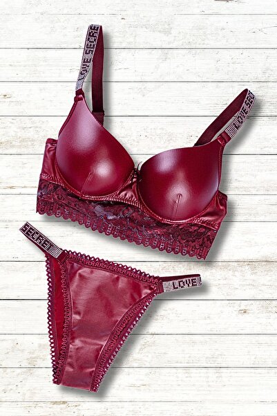 Tılsım Lingerie طقم حمالة صدر مبطنة ومفصلة من الجلد باللون الأحمر الداكن