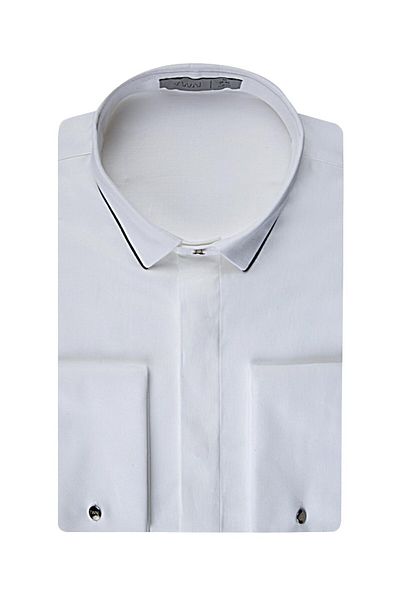 Twn Slim Fit White Plain Metal Button Double Cuff Narrow Collar Tuxedo Shirt