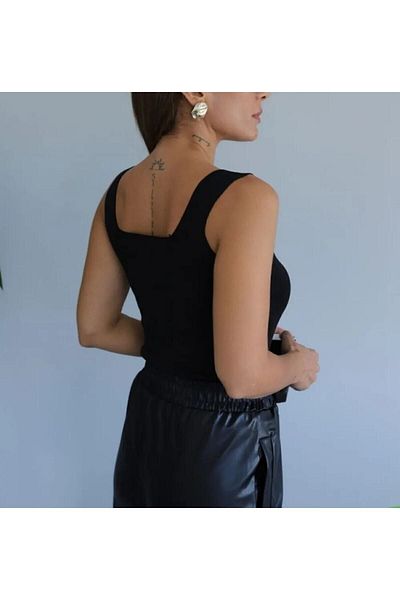 Qu Style Γυναικεία Πλεκτή Μπλούζα Αθλητής με Τετράγωνο Γιακά Μαύρο