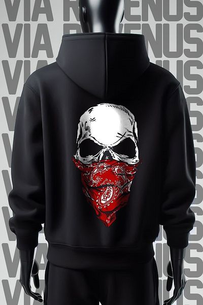 Vordevia Skull Gangsta - Φούτερ με φαρδιά εφαρμογή 3 νημάτων, μπροστινή και πίσω στάμπα με μαύρη κουκούλα