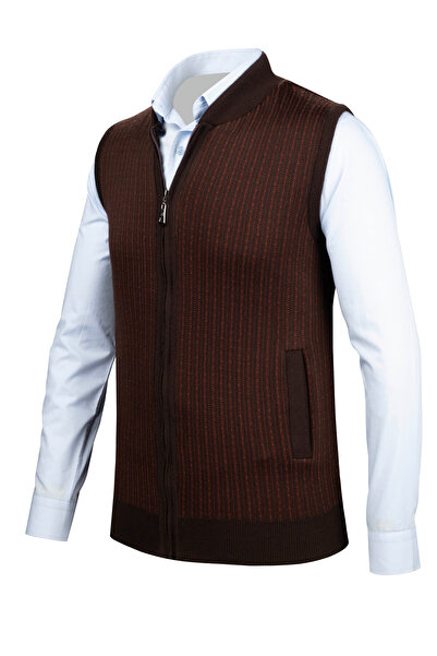 Çizgi Triko Мъжки плетен елек с цип и джоб, плетен в класически модел - 5004J