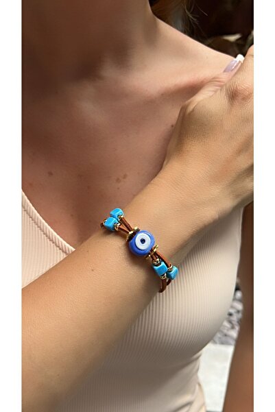 Kutcha Accessories El Yapımı Deri Nazarlık Bileklik - Turkuaz Taşlı Etnik Tasarım