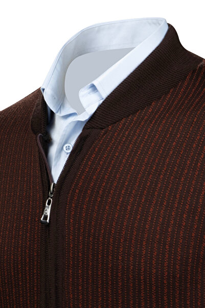 Çizgi Triko Ανδρικό ριγέ πλεκτό μπουφάν - φερμουάρ, εμπριμέ μπράτσα και λάστιχο μέσης, πλεκτό ατσάλι - 5004K