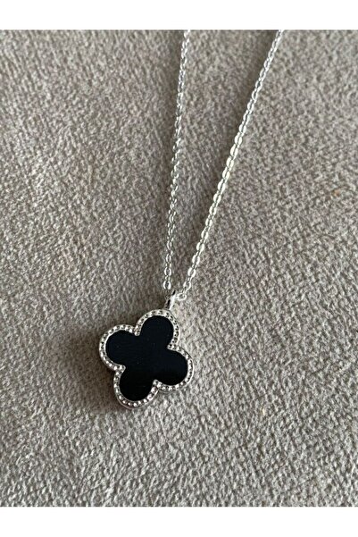 ANGELSS JEWELLERY Gümüş Siyah Kolye (Yonca Gümüş Siyah Çelik Kolye)