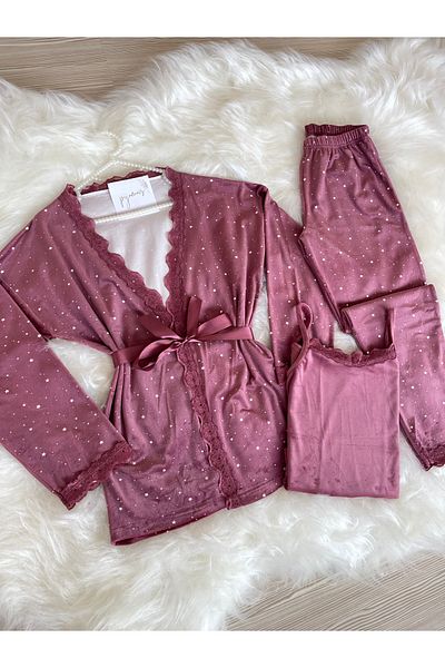 Pijamacs Dark Pink Mini Star Patterned French Velvet 3-Piece Pajamas and Dressing Gown Set