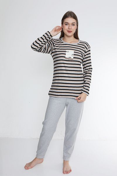 VariaMart Gray Striped Printed Interlock Long Sleeve Winter Women's Pajama Set