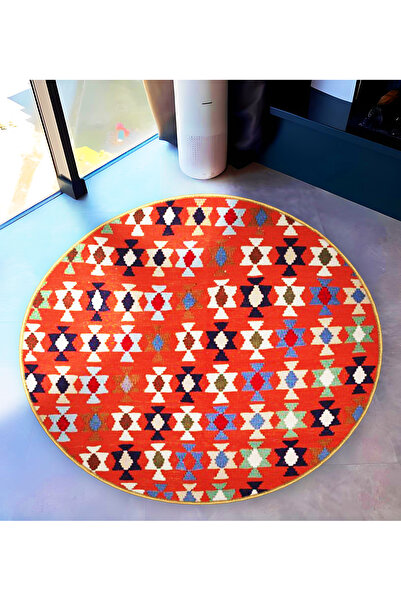 Rugs Modern Halı Red Themed Multicolored Ethnic Motif Patterned Round Woven B...