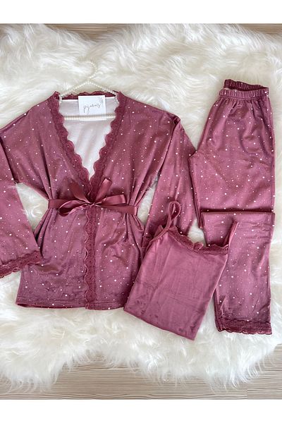 Pijamacs Dark Pink Mini Star Patterned French Velvet 3-Piece Pajamas and Dressing Gown Set