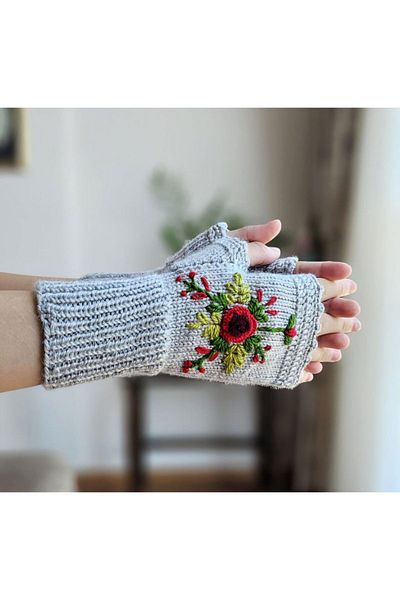 El örgüsü Floral Embroidered Fingerless Women's Gloves - Hand Knitted and Crocheted
