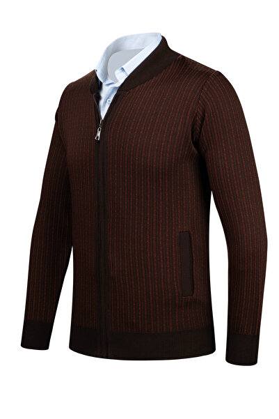 Çizgi Triko Ανδρικό ριγέ πλεκτό μπουφάν - φερμουάρ, εμπριμέ μπράτσα και λάστιχο μέσης, πλεκτό ατσάλι - 5004K