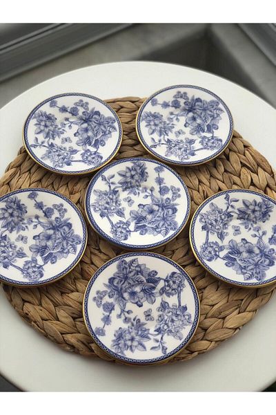 GÖNÜL COLLECTION Blue Blanc 12 Cm 6 Pieces Tea Plate Appetizer Turkish Delight Bowl