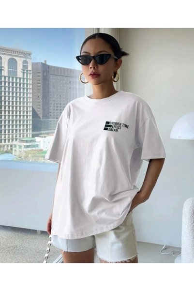 BETİLİNA White Cherish Time Effect Back Printed Oversize T-shirt
