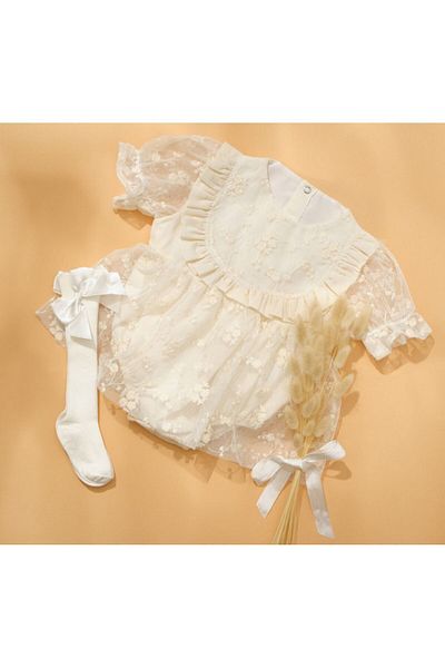 Little Ya Ya Love Ecru Lace Detailed JAZIEL Romper and Socks Set
