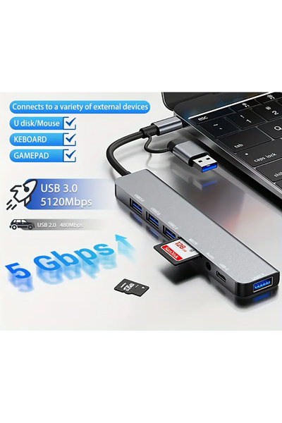 Foxyn FXN-773 MacBook Pro/Air USB 3.0 Çoklayıcı SD/TF USB-C TYPE C Kart Okuyucu Çevirici Adaptör