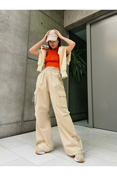 Genel Markalar Y2k Aşırı Bol Kalıp Kargo Cep Bel Paça Lastil Bggy Pantolon/ Krem Renkli Kargo Cepli Baggy Aşırı Bol