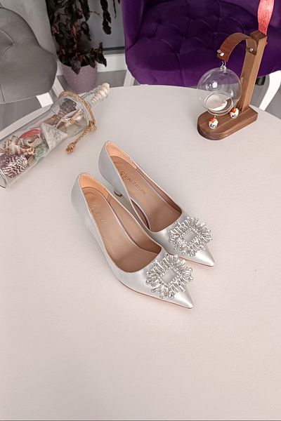 LA CALZATURE 7cm Heeled Silver Satin King Stone Stiletto Women's Shoes