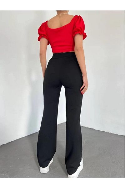 hira fashion Women's Black Ribbed Stitched High Waist Lycra Trousers