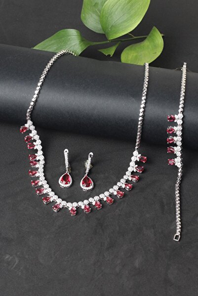 BY BARUN SİLVER Gümüş Set Gerdanlık Safir Zümrüt Yakut Rengi 925 Ayar Zirkon ...