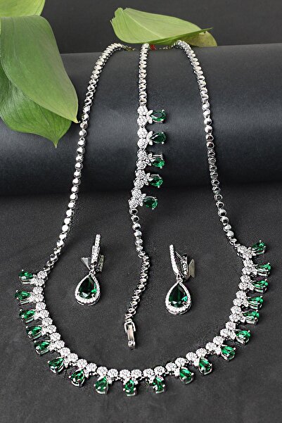 BY BARUN SİLVER Gümüş Set Gerdanlık Kolye Küpe Bileklik Safir Zümrüt Yakut 925 Ayar Zirkon Taşlı Beyaz Silver Zincir