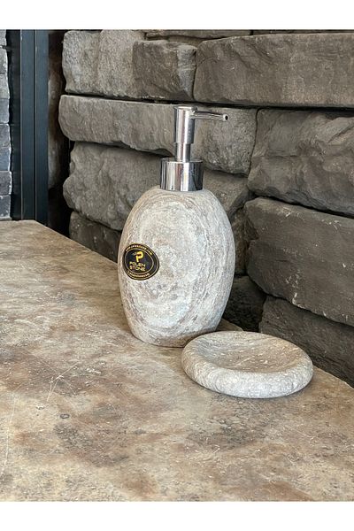 Polen Stone موزع صابون سائل بتصميم بيضاوي من الترافرتين الفضي وموزع صابون صلب، مجموعة مكونة من قطعتين