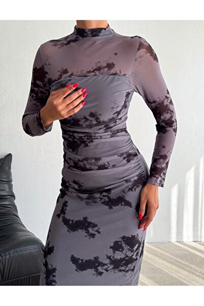 ZDABOUTİQUE Tül Kumaş İçi Astarlı Omuz Ve Bel Kısmı Drapeli Uzun Kol Kadın Elbise