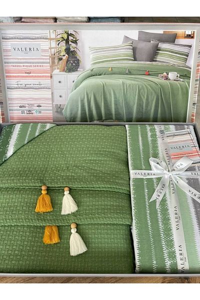 Sudemhome Green 4 Piece Double Tasseled Pique Set