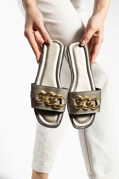 Moda Devrin Platinum Chain Detailed Women's Slippers Outdoor and Home Slippers
