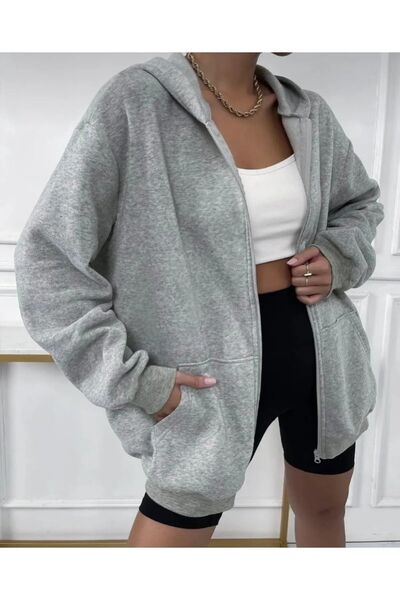 DEEPSENCE Γυναικεία χειμωνιάτικη γκρι φούτερ Ζακέτα με κουκούλα με φερμουάρ