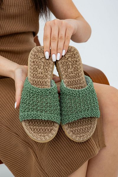 Moda Devrin Зелени отворени предни сламени плетени външни и домашни чехли
