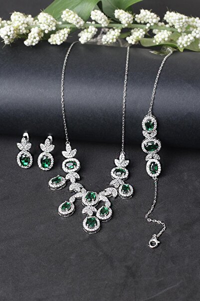 BY BARUN SİLVER Gümüş Set Gerdanlık Safir Zümrüt Yakut Rengi 925 Ayar Zirkon ...