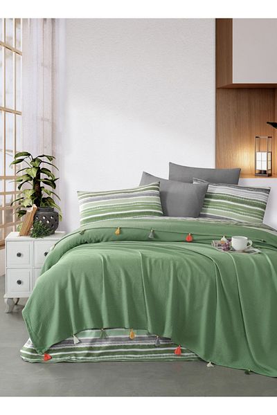 Sudemhome Green 4 Piece Double Tasseled Pique Set