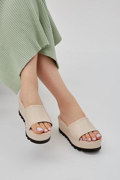 Moda Devrin Papuci de damă cu toc plat din piele bej Papuci cu talpă înaltă