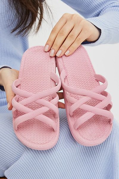Moda Devrin Gz12494 Papuci anti-alunecare cu aspect de paie roz Papuci de plajă pentru piscină