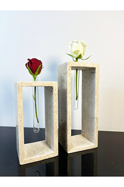 Modestmar Traverten Mermer Tüplü Çiçeklik, Dekoratif Mermer çiçeklik yatay 2 ...