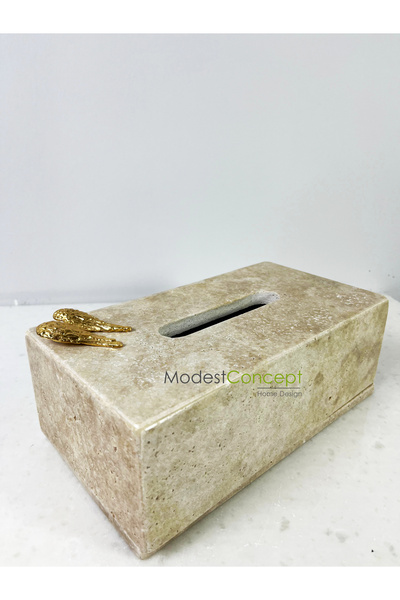 Modestmar Doğal Traverten Mermer Peçetelik -mendil Kutusu - Peçete Kutusu Gold Melek Kanatlı