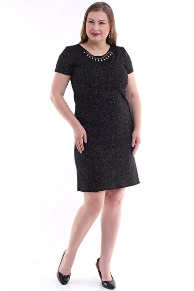 Ottawe - Kadın Gümüş Büyük Beden Şık Yaka Aksesuarlı Yarım Kollu Abiye Esnek ...