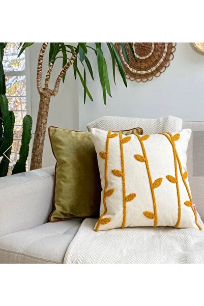 lugarina Ръчно бродирана възглавница с мотив от клончета в цвят горчица