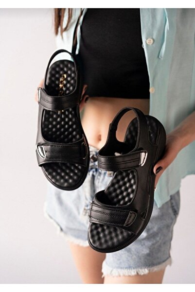 BRGL Women's Orthopedic Massage Sole Black Walking Sandals with Velcro