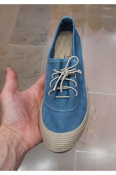 BRGL Pantofi de damă din piele naturală nubuck, talpă ortopedică, cu șireturi din cauciuc, albastru denim