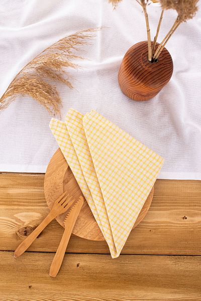 Wellstil Arya |   6-Piece Linen Piti Checkered Yellow Napkin - Picnic Decoration 40 X 40 cm