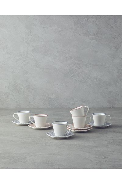 English Home Evie Bone Porcelain - 12 Piece Coffee Cup Set for 6 People, 80 ml Orange-Blue
