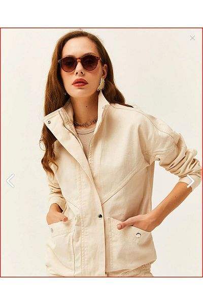 ESB Design Women's Ecru Pocketed Seasonal Zippered Snap Fastener Long Denim Jacket