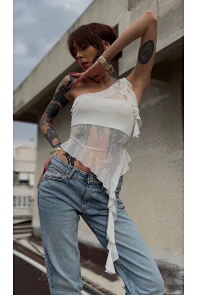 offcastle Beyaz Tek Kol Askılı Transparan Fırfırlı Fırfır Tül Dekolteli Büsti...