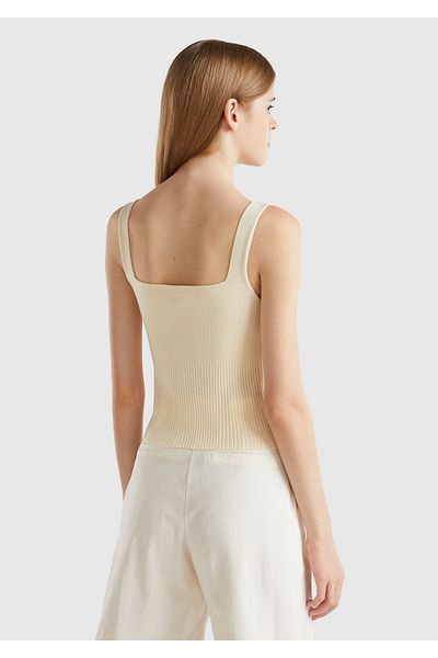 United Colors of Benetton Women's Cream Viscose Blended Ribbed Detail Square Neck Strap Top