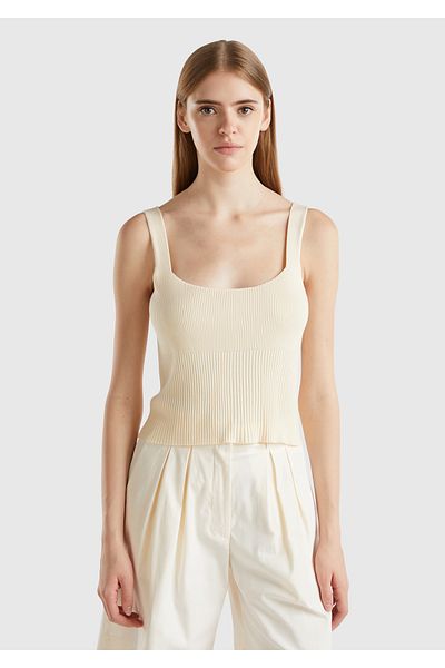 United Colors of Benetton Women's Cream Viscose Blended Ribbed Detail Square Neck Strap Top